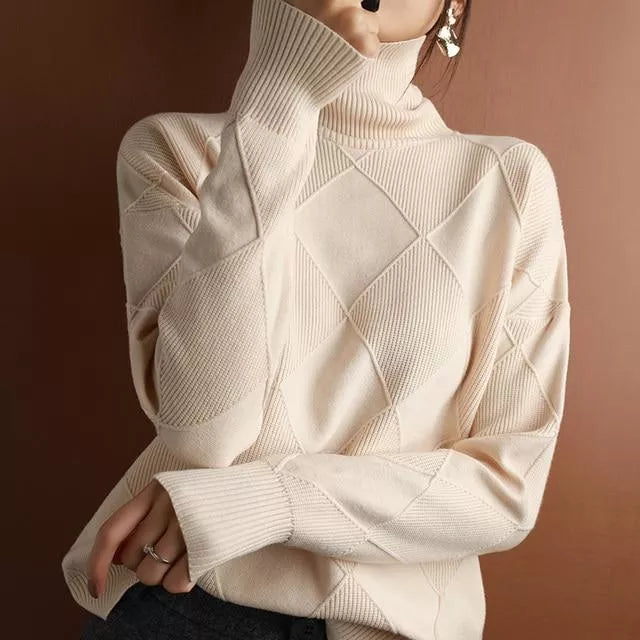 Women’s Turtleneck Sweater | Loose Fit Panel Knit | Fluffy Wool Blend | Season-Long Warmth