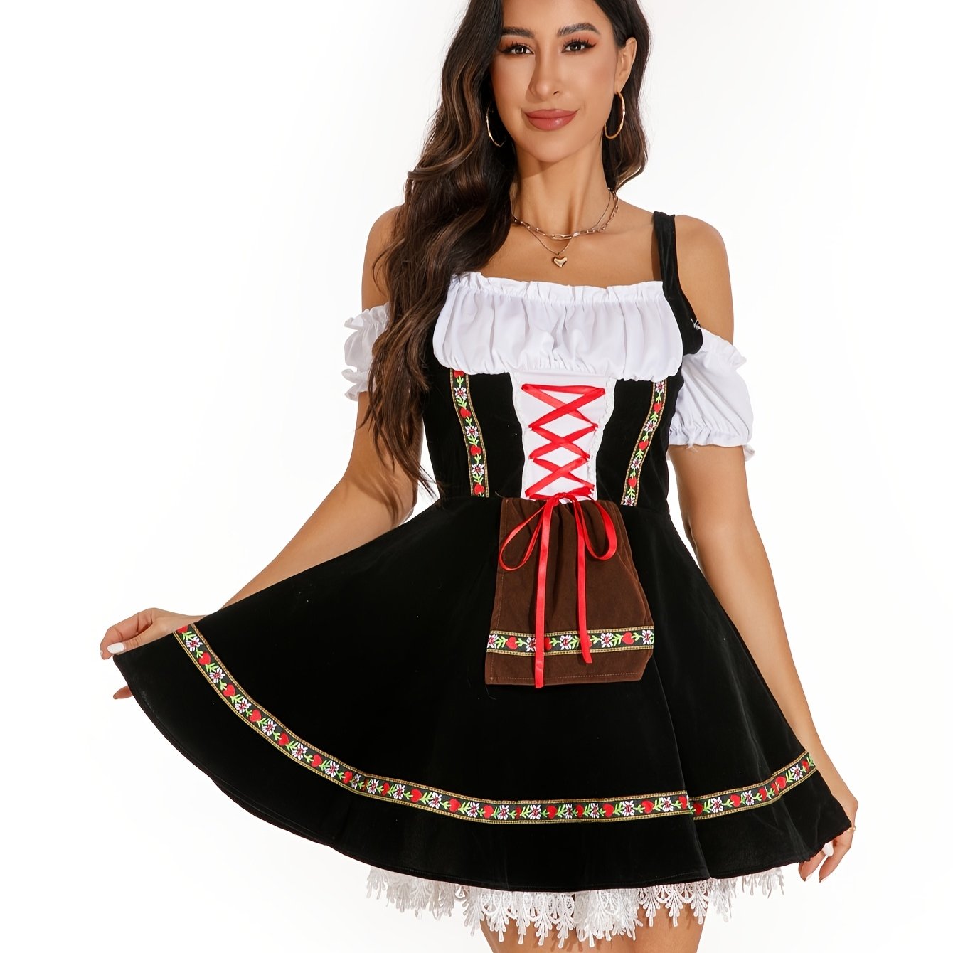 Women's Black Velvet Oktoberfest Dirndl Dress with Lace Trim