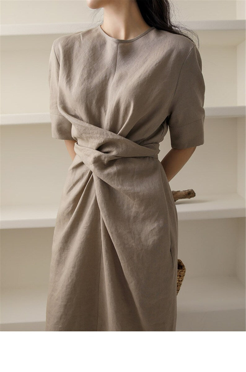 Women's Linen Midi Dress | Front Knot Wrap Design | Soft Cotton Fabric | Comfortable Fit
