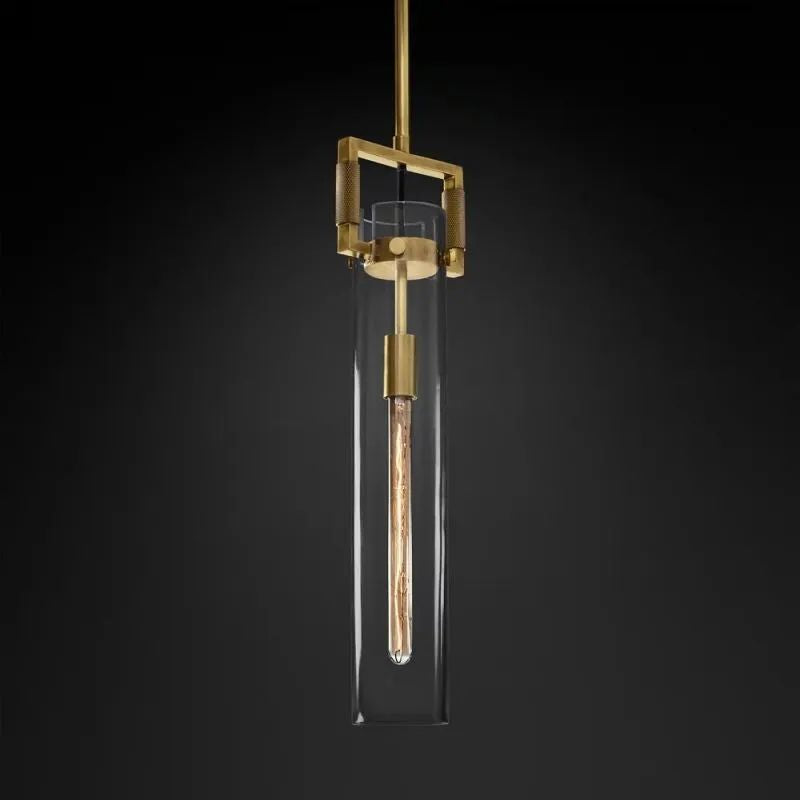 Lorian Glass Cylinder Pendant — Industrial Brass and Glass Lighting Fixture