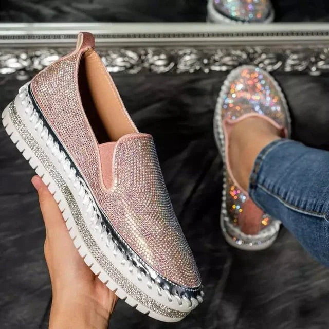 Women’s Platform Slip-On Loafers | Glitter Sparkling Flat Platform Sole | Padded Insole & Breathable | Comfortable Fit