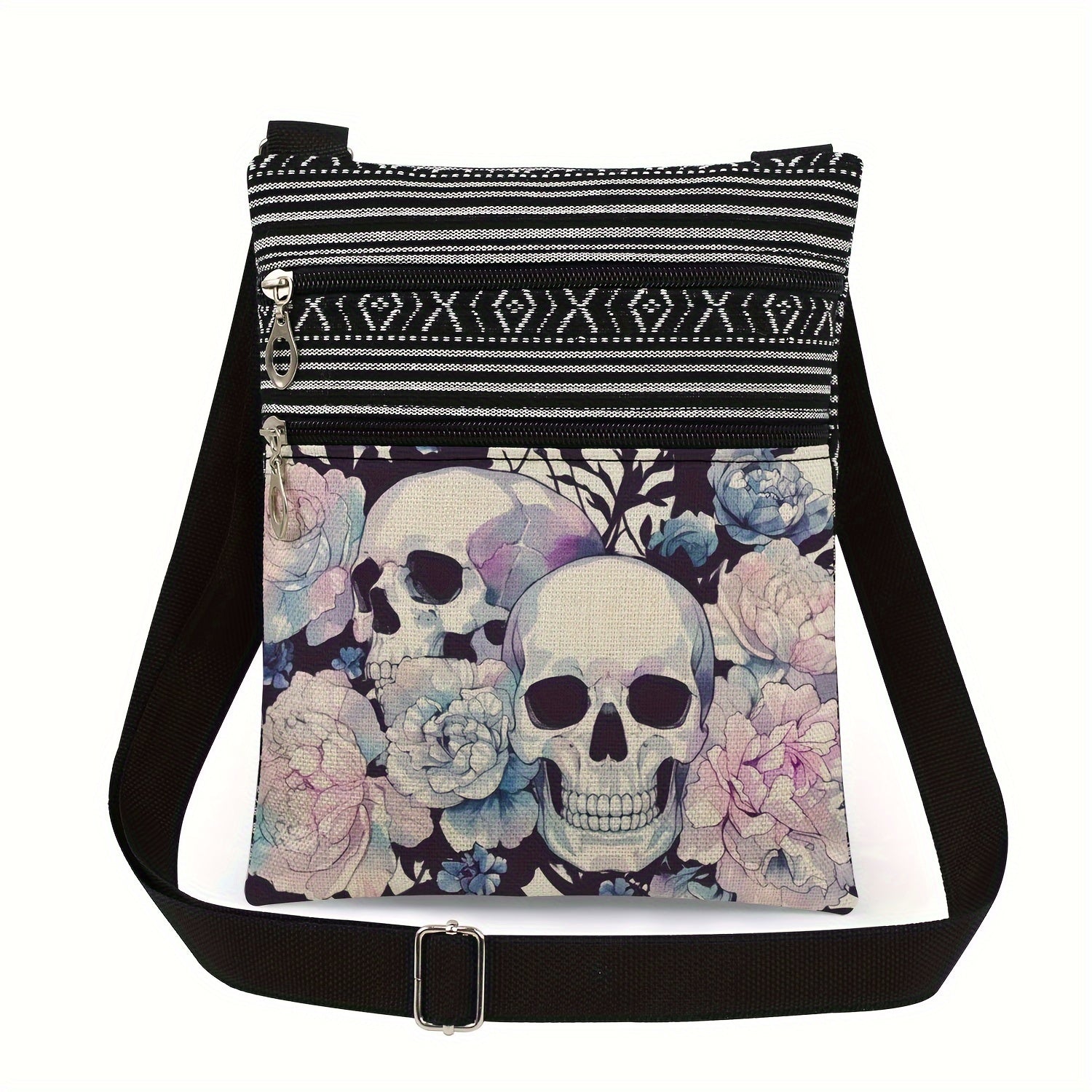 Gothic Skull and Bat Print Shoulder Bag Lightweight Halloween Accessory