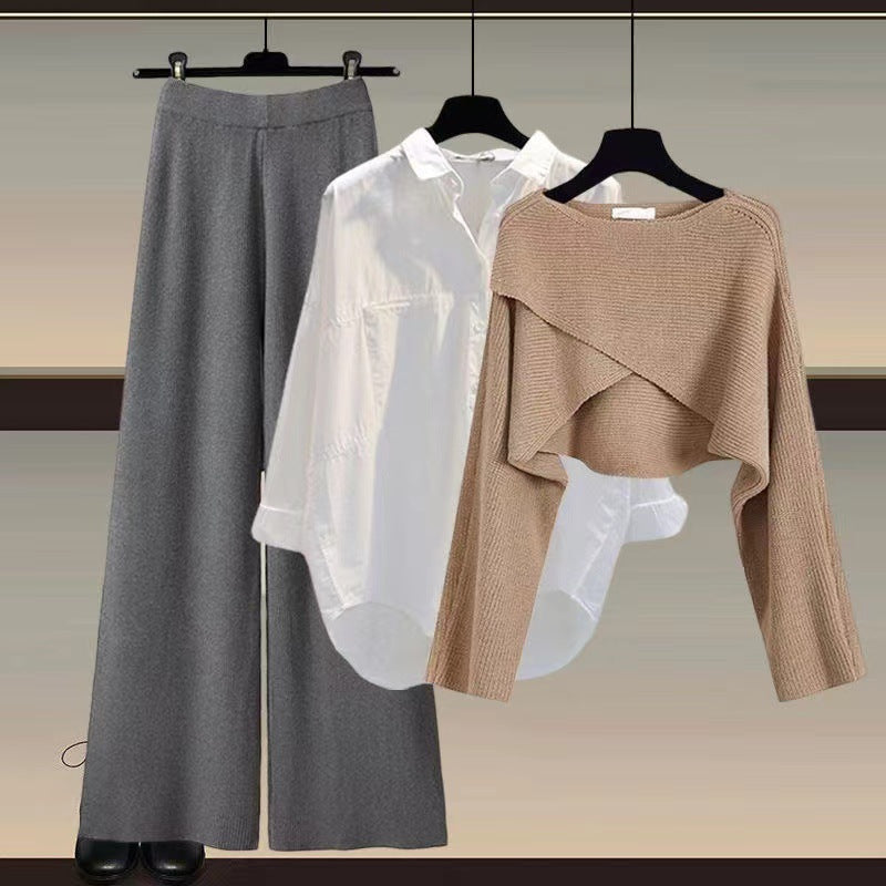 Women’s Three-Piece Comfort Set | Asymmetrical Knit & Wide-Leg Trousers | Soft Stretch Fabric | Versatile Styling