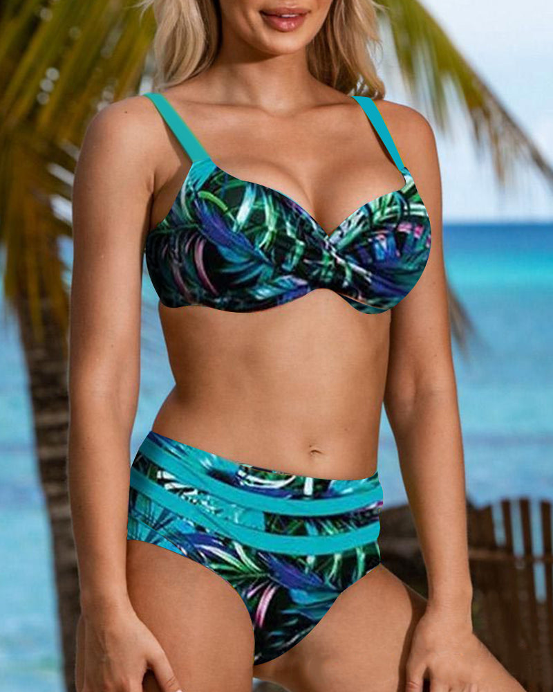 Women's Two-Piece Bikini Set | Wireless Top & High-Waist Bottom | Leaf Print with Ruffles | Comfortable Fit