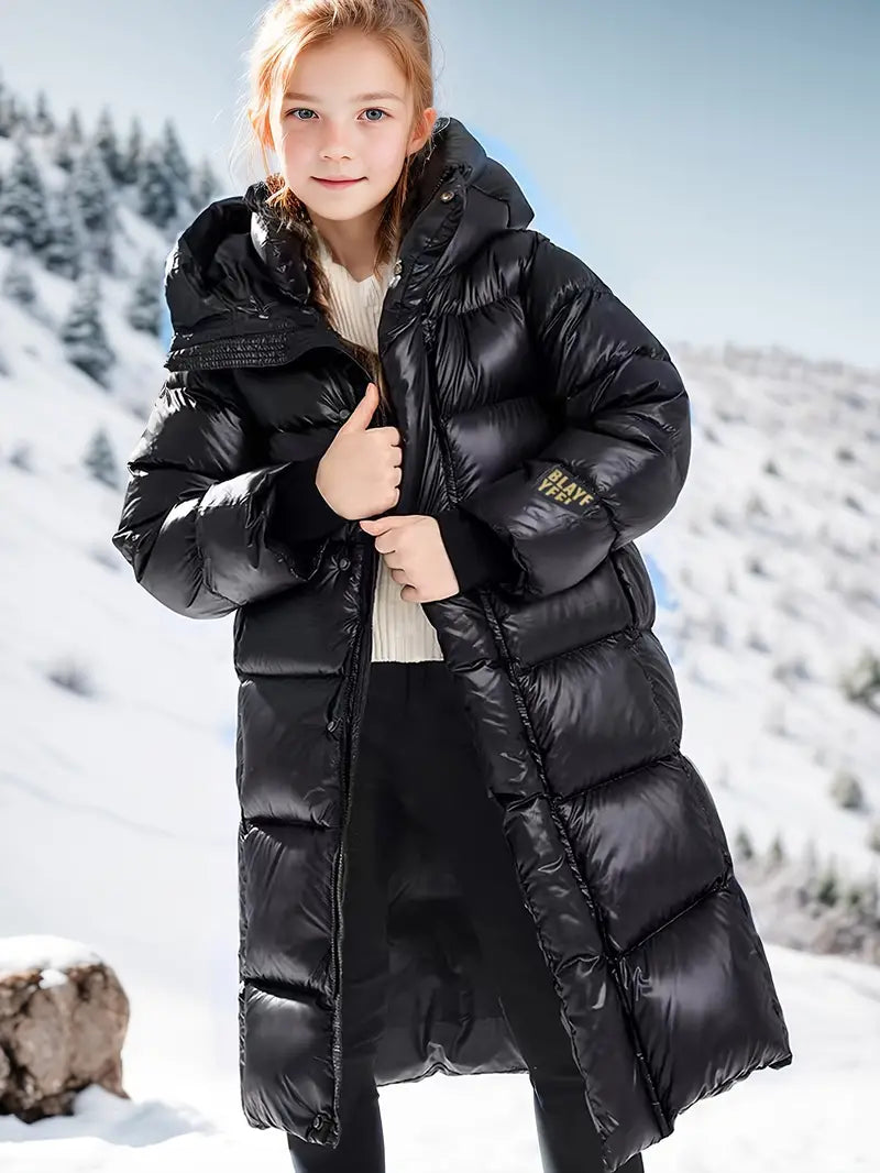 Girls' Hooded Long Winter Coat | Thick Insulated Warmth | Durable Black Fabric | Comfortable Fit