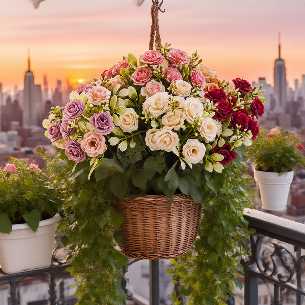 Charming Hanging Rose Basket with Faux Blooms for Outdoor Elegance