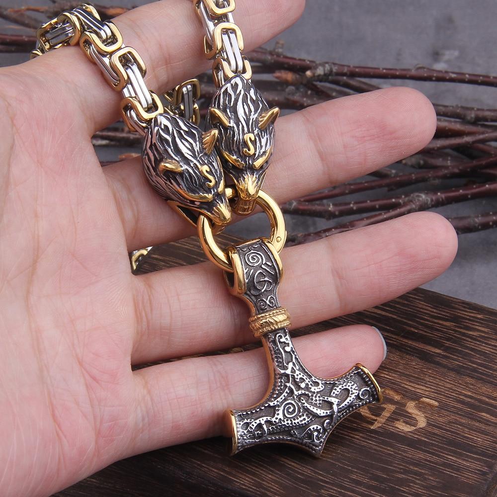Unisex Necklace & Bracelet | Double Wolf Head & Thor’s Hammer Pendant | Stainless Steel | Adjustable Length 24 to 36 Inches