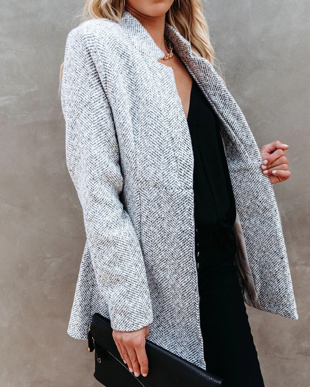Women’s Tweed Coat | Notch Collar & Open Front | Cotton-Polyester Blend | Warm Transitional Layer