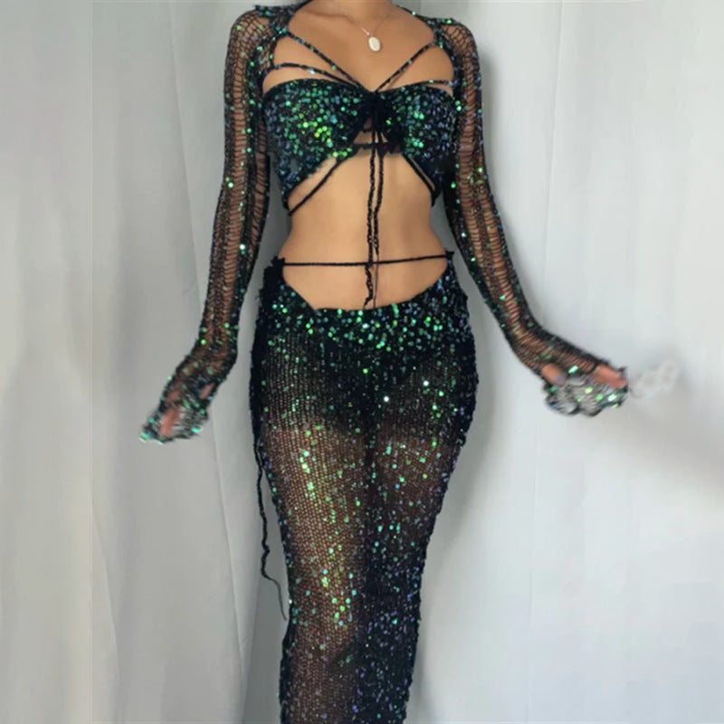 Women’s Two-Piece Sequin Crop Top and Mini Skirt Set | Sheer Mesh with Adjustable Straps | Polyester | Nightlife Ready