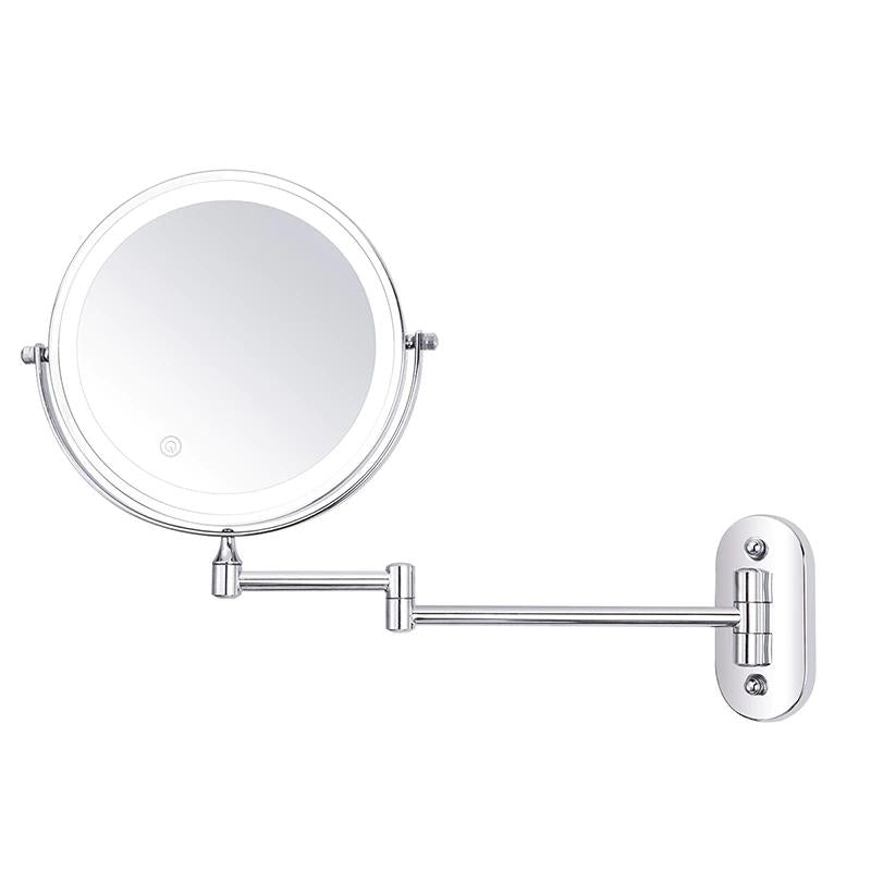 Wall-Mounted LED Magnifying Vanity Mirror | Adjustable Arm & Rechargeable LED Light | Chrome Silver & Stainless Steel | Space-Saving Design