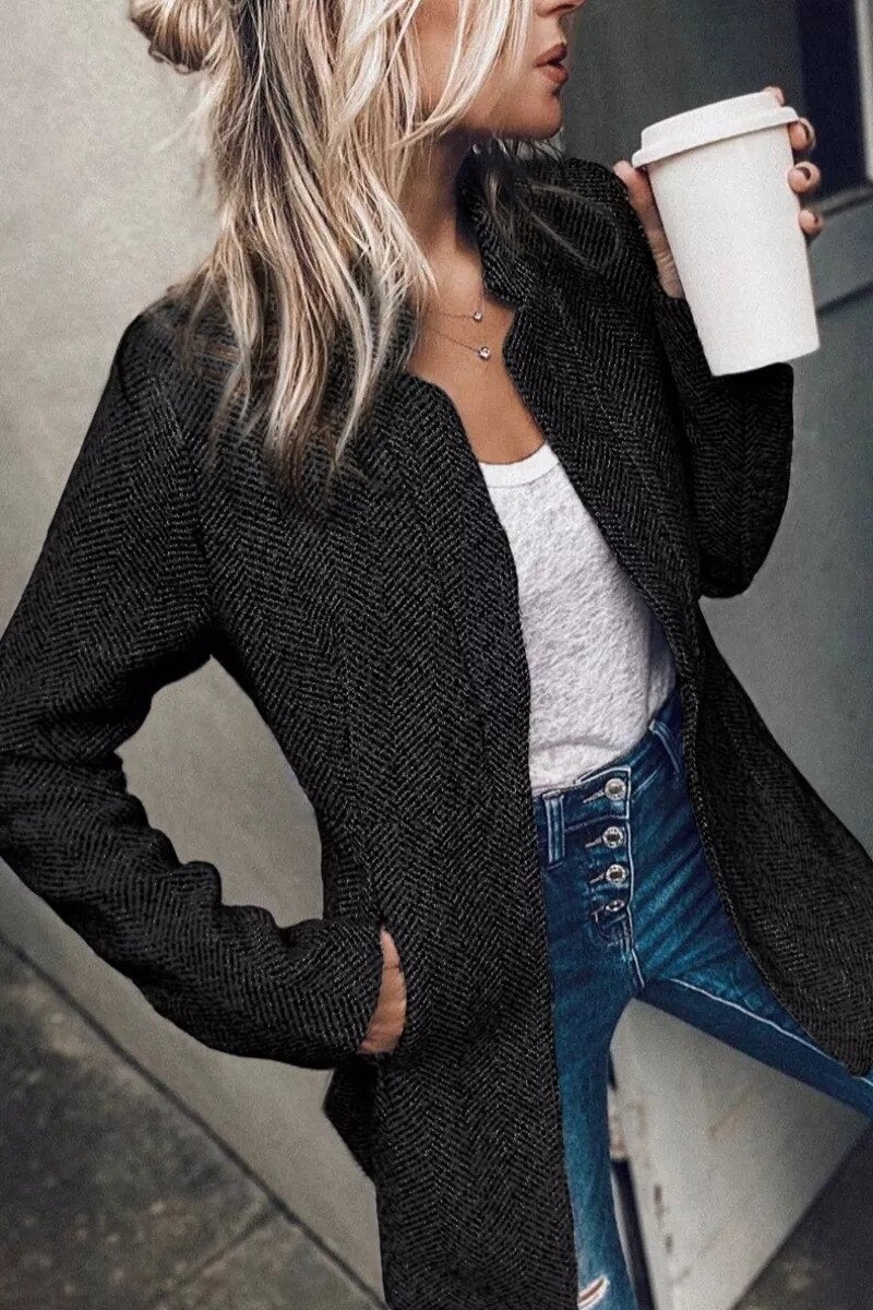 Women’s Tweed Coat | Notch Collar & Open Front | Cotton-Polyester Blend | Warm Transitional Layer