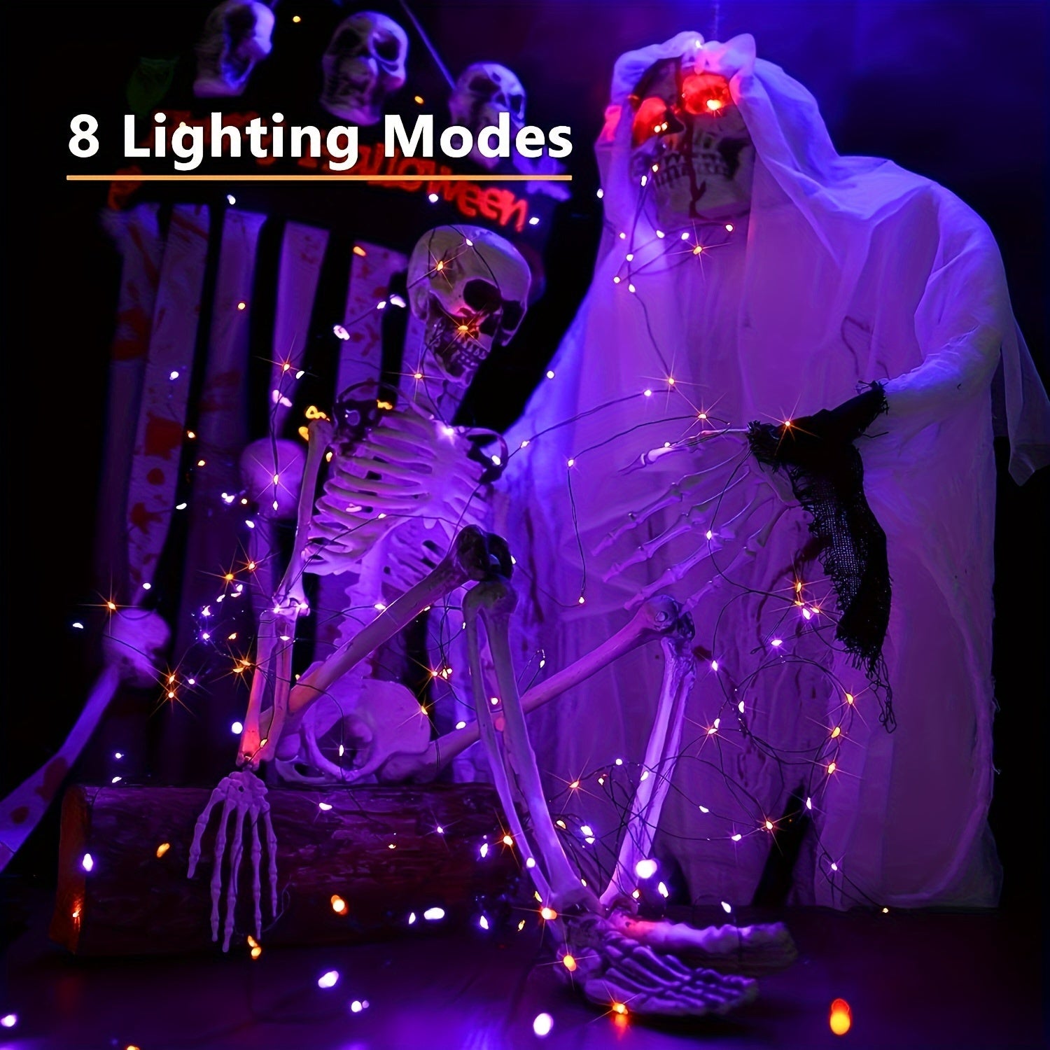 Solar-Powered Halloween String Lights Orange and Purple 8 Flash Modes