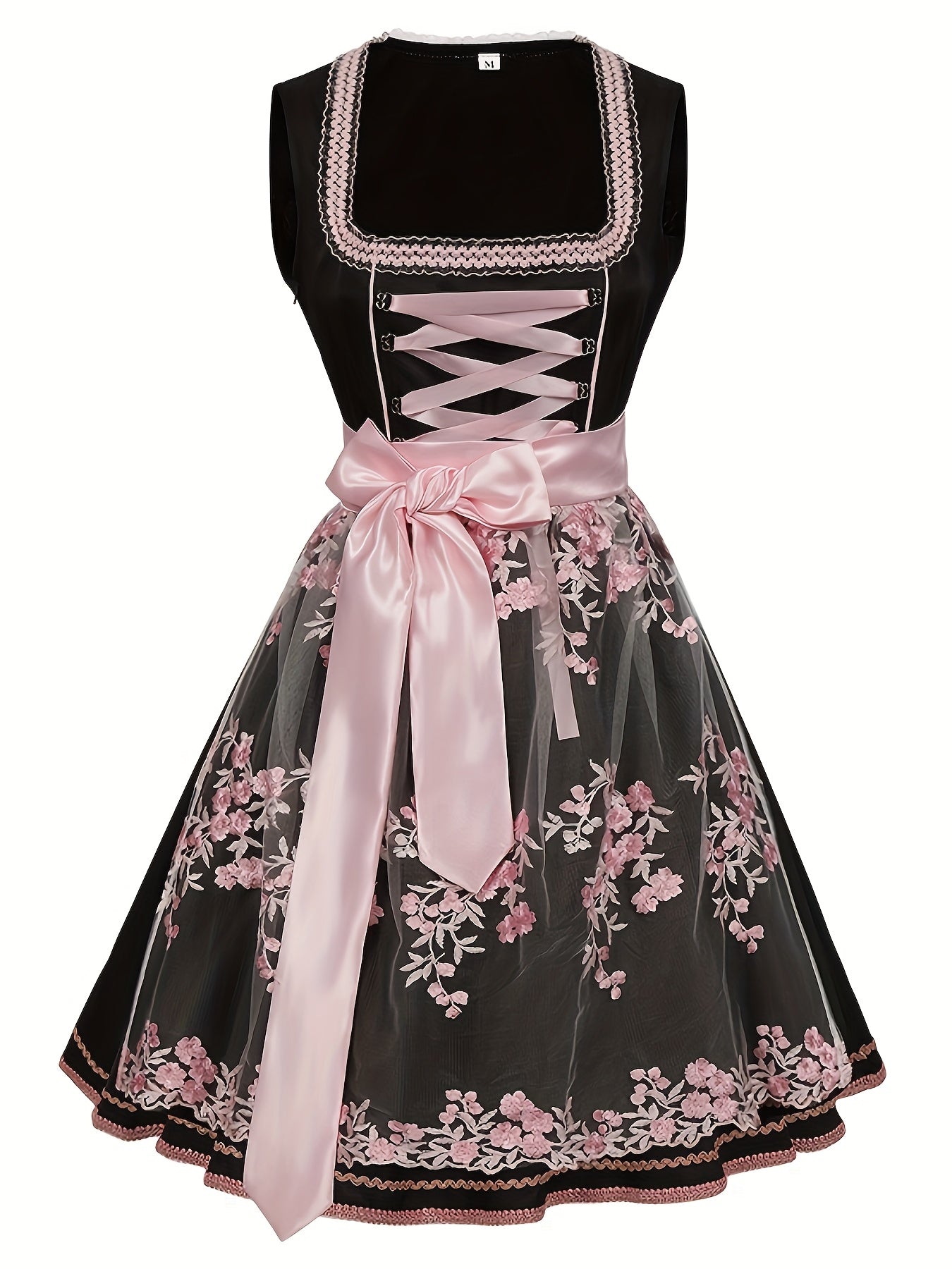 Embroidered Black and Pink Dirndl Dress with Floral Lace for Oktoberfest