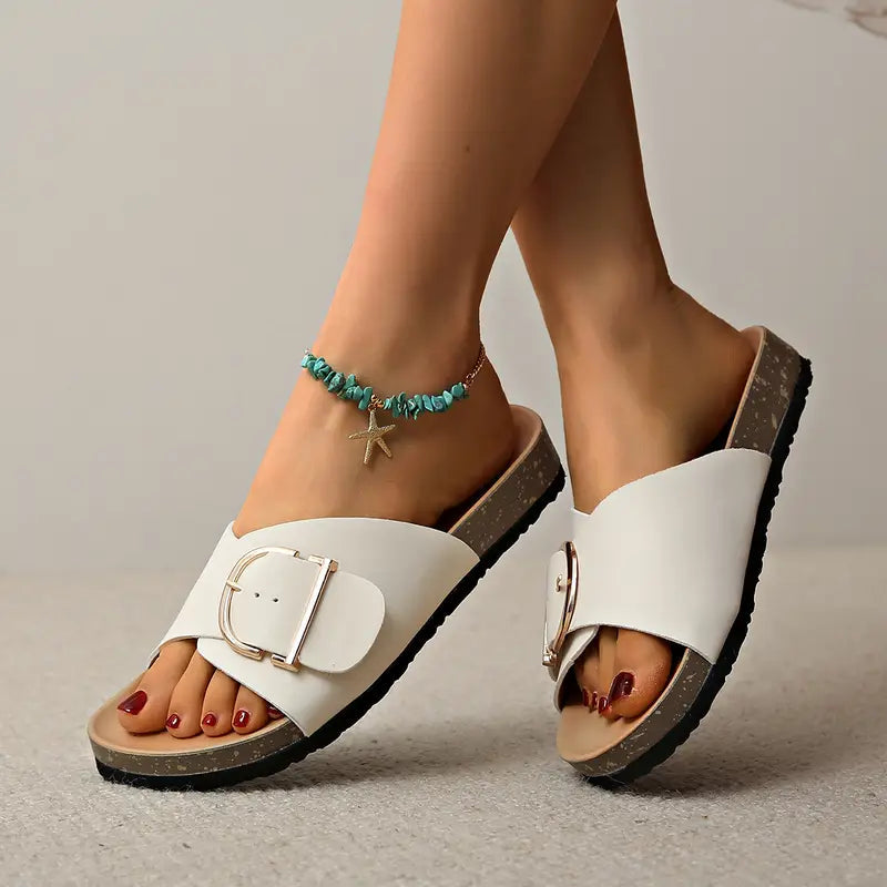 Orthopedic Flat Sandals | Adjustable Buckle Strap & Contoured Footbed | PU Upper & Cork-Like Midsole | Durable Comfort