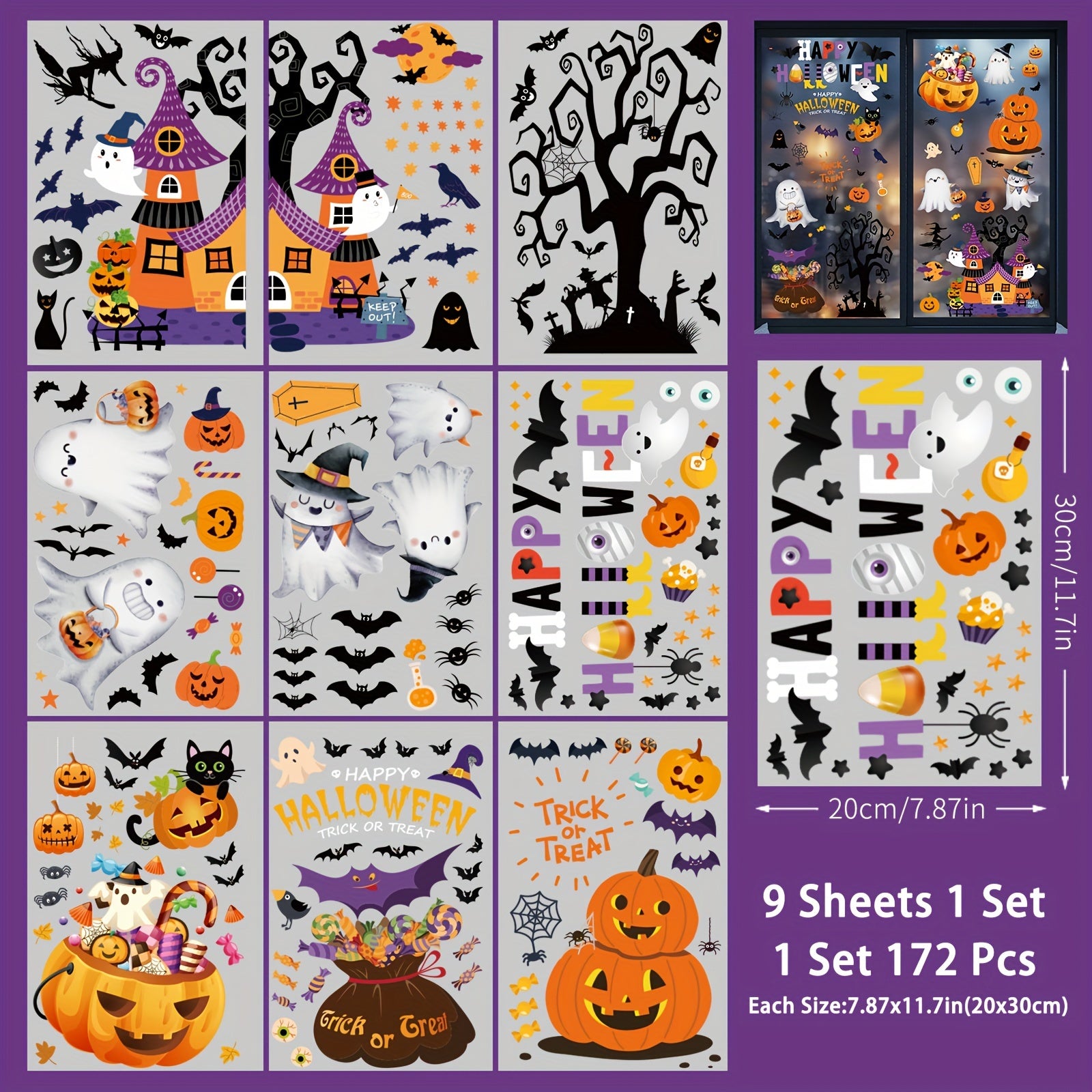 Reusable Halloween Window Clings - Spooky Bats & Pumpkin Decorations - 172 pcs