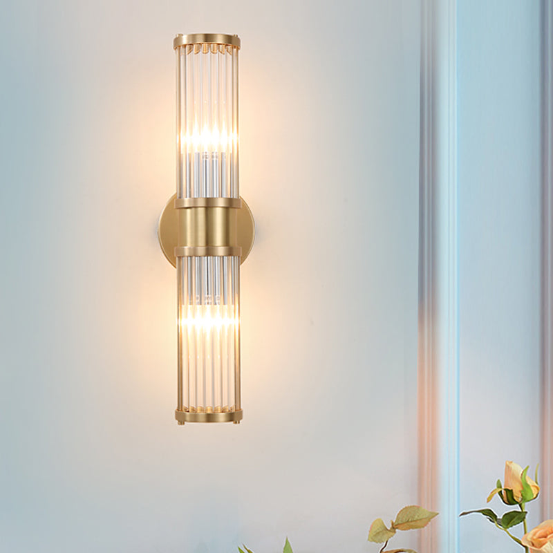 1/2-Light Corridor Wall Light Fixture Modernist Stylish Golden Wall Sconce with Cylindrical Clear Crystal Shade Clearhalo 'Art deco wall lights' 'Cast Iron' 'Glass' 'Industrial wall lights' 'Industrial' 'Middle century wall lights' 'Modern' 'Rustic wall lights' 'Tiffany' 'Traditional wall lights' 'Wall Lamps & Sconces' 'Wall Lights' Lighting' 559869