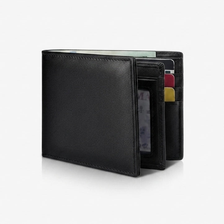 Slim Bifold Wallet for Men - Genuine Leather, RFID Protection, 13 Card Slots, ID Window