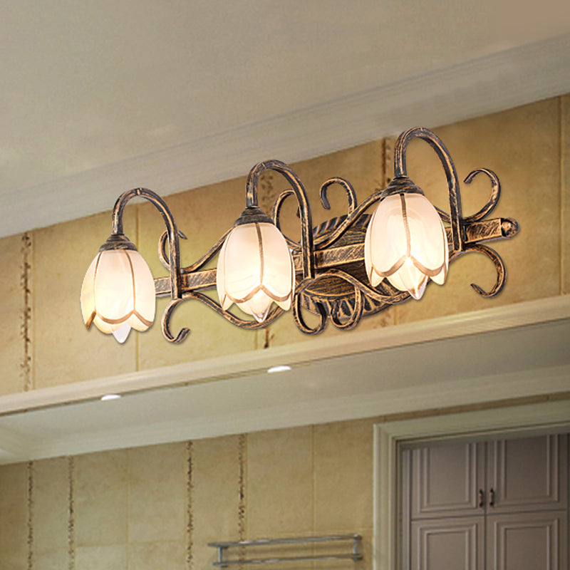 2/3 Lights Frosted Glass Vanity Light Fixture Traditional Antique Brass Flower Shape Bathroom Lighting Fixture Clearhalo 'Vanity Lights' 'Wall Lights' Lighting' 560819