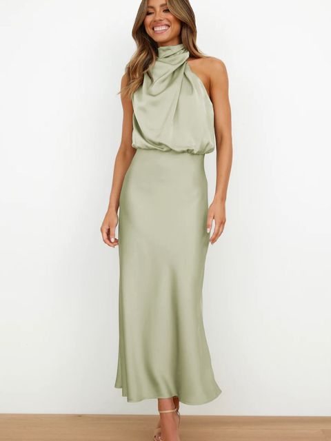 Women's Halter-Neck Draped Midi Dress | Sleeveless Elegant Design | 100% Polyester | Versatile Evening Wear