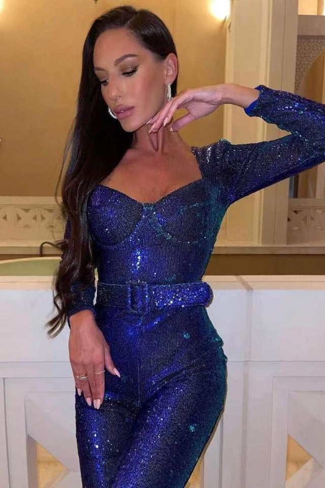 Women’s Sequin Jumpsuit | Belted Wide-Leg Design | Polyester Fabric | Elegant Evening Wear