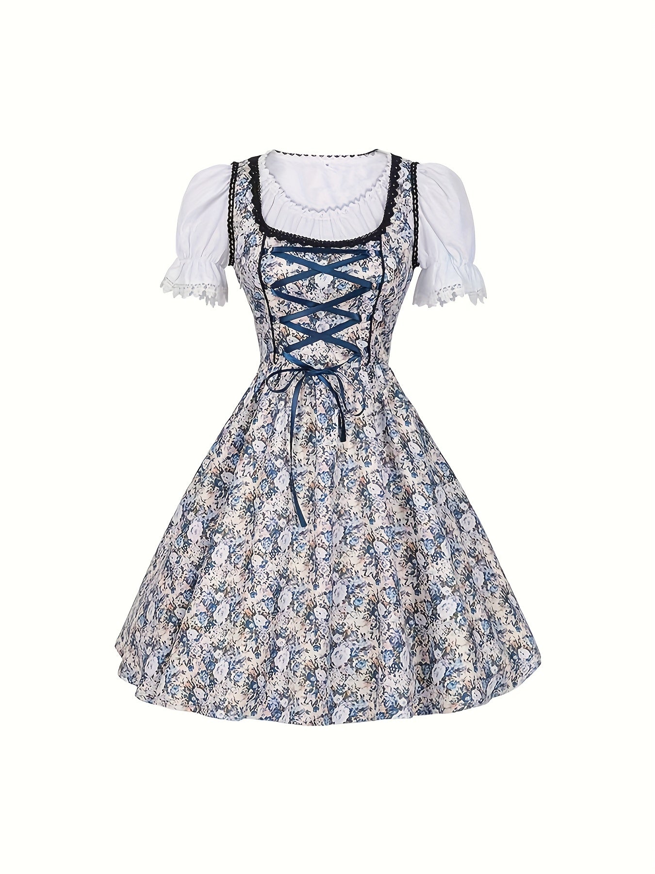 Women's Bavarian Dirndl Dress with Floral Print and Puff Sleeves for Oktoberfest