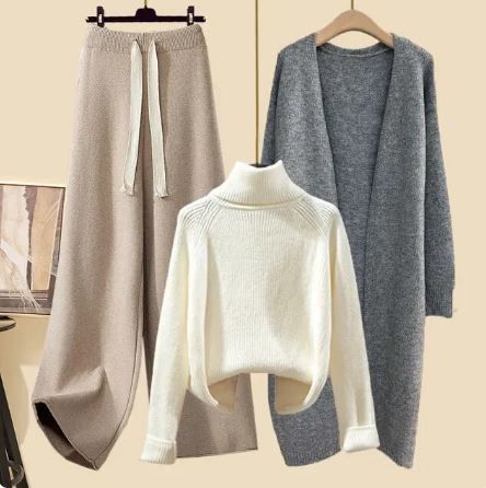 Women’s Three-Piece Knit Lounge Set | Wide-Leg Drawstring Pants & Cropped Turtleneck | Long Cardigan | Comfortable Fit