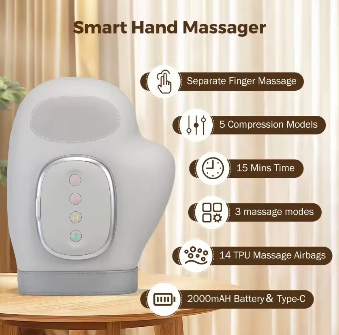 Hand Massager with Air Compression, Heat, 3 Settings & 5 Intensities, 2000mAh Rechargeable