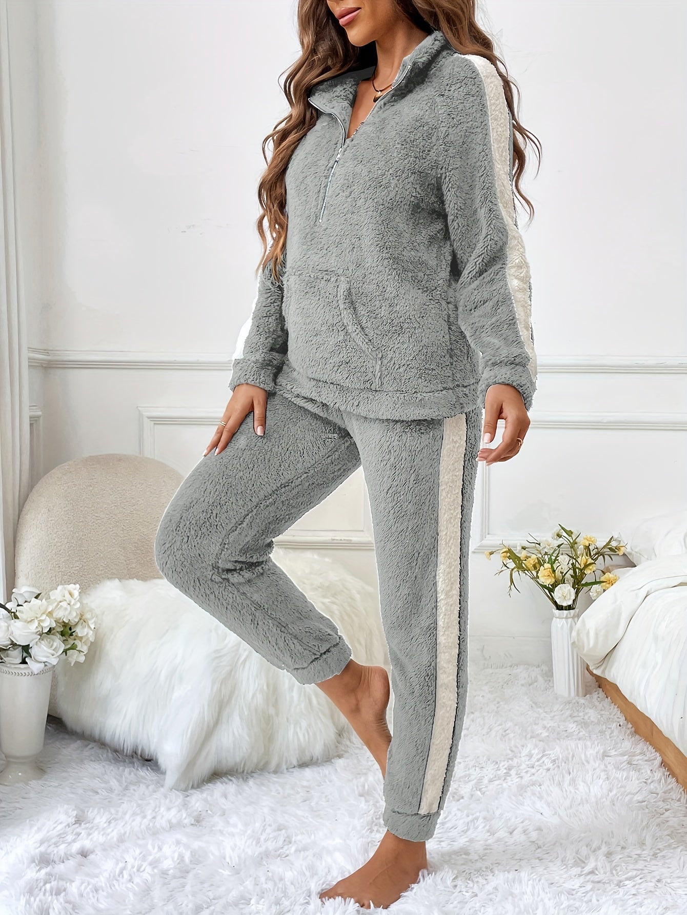 Plush Fleece Pajama Set | Half-Zip Collar | Cozy Winter Comfort | Polyester