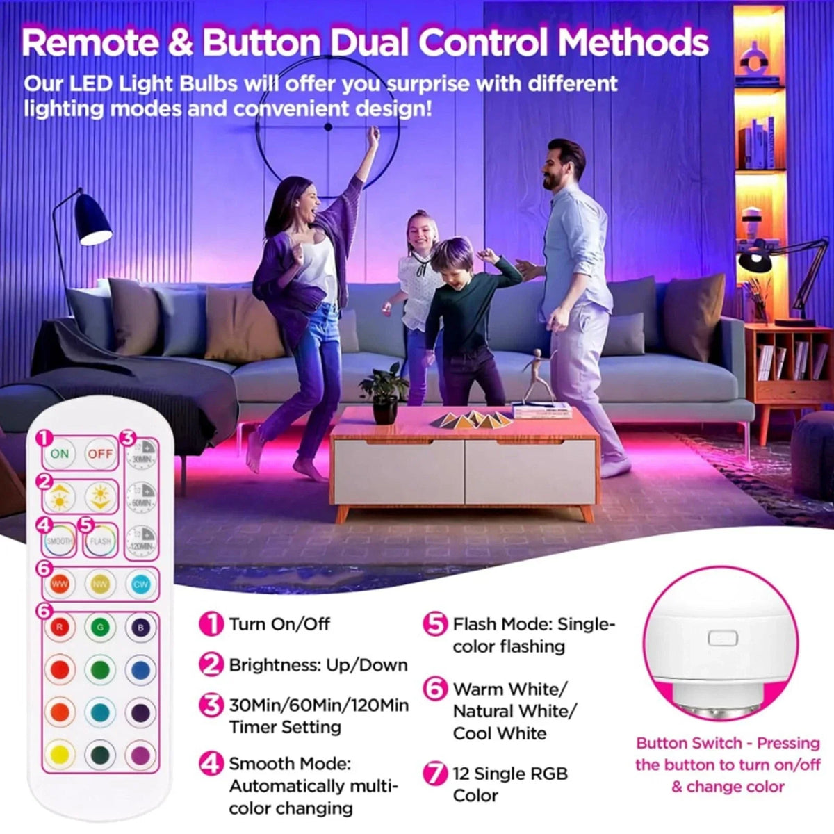 Remote-Controlled E27 Rechargeable LED Lamp with RGB Colors – Wireless