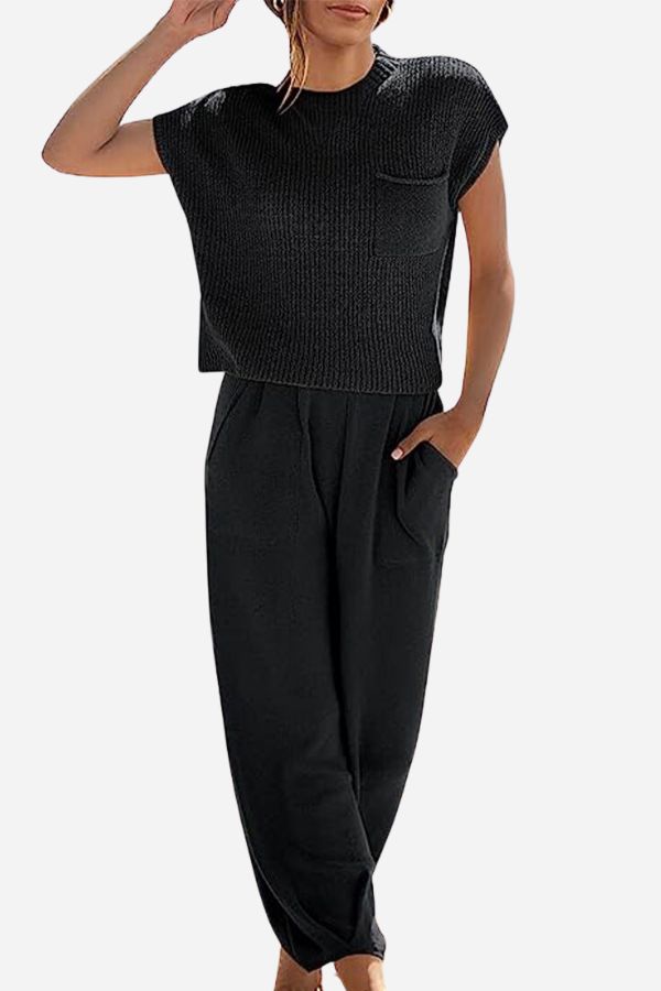 Women’s Two-Piece Knit Lounge Set | Short-Sleeve Top & High-Waisted Pants | Polyester & Elastane | Comfortable Fit