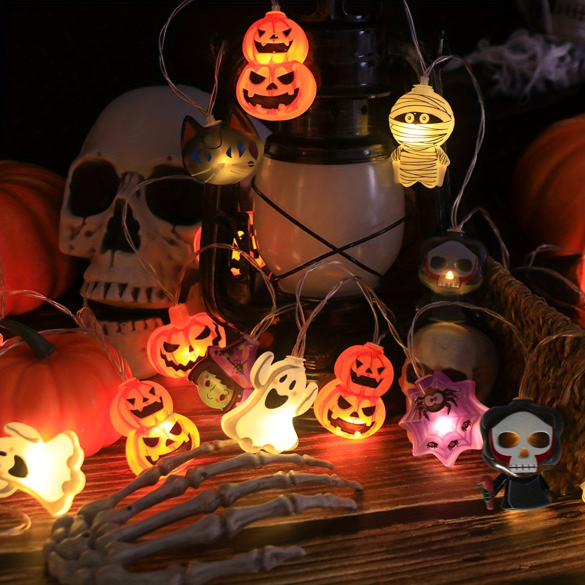 Battery-Operated Halloween String Lights with Pumpkin and Spider Design