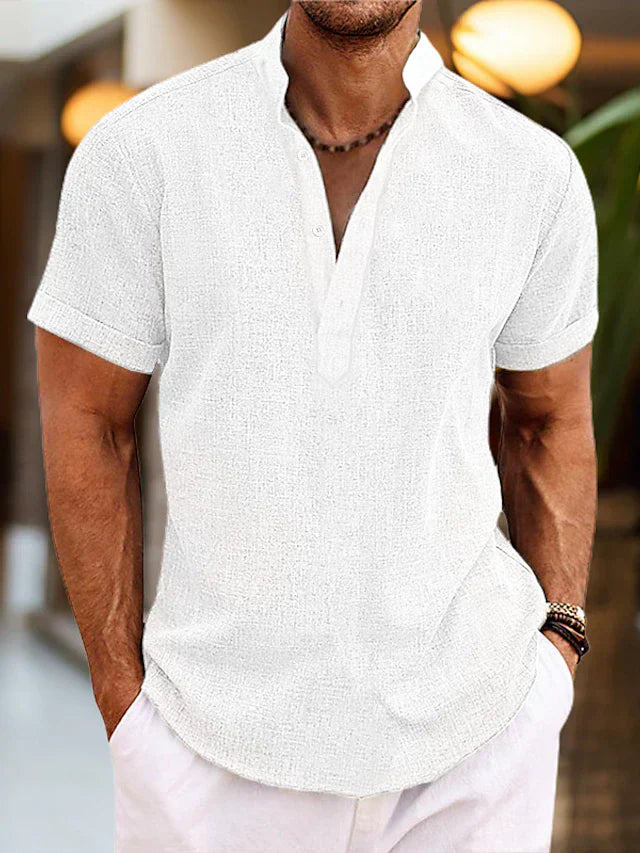 Men's Linen Shirt | Short-Sleeve Mandarin Collar | Breathable Linen Fabric | Comfortable Fit