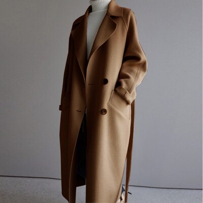 Women’s Long Wool Coat | Belted Waist & Double-Breasted Design | Warm & Durable Winter Outerwear