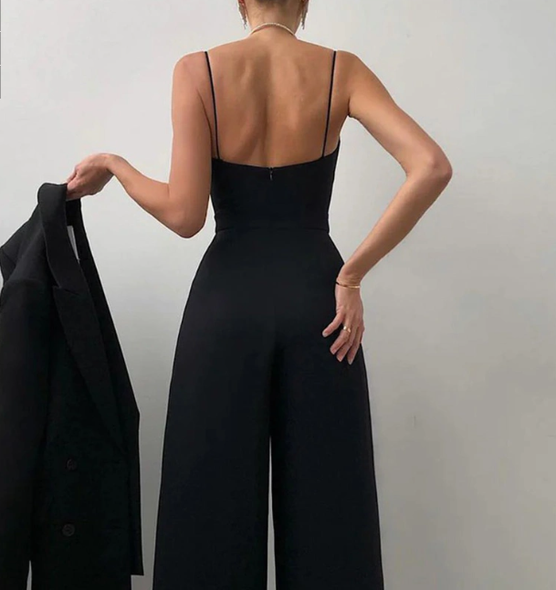 Women’s Wide-Leg Jumpsuit | Wrap-Front Bodice & Spaghetti Straps | Cotton Blend | Elegant Fit