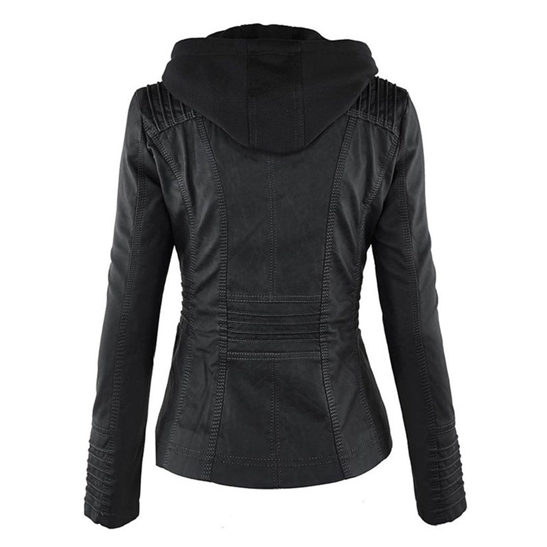 Women’s Weatherproof Leather Jacket | Detachable Hood & Zip Closure | Durable Polyester Fiber | Comfortable Fit
