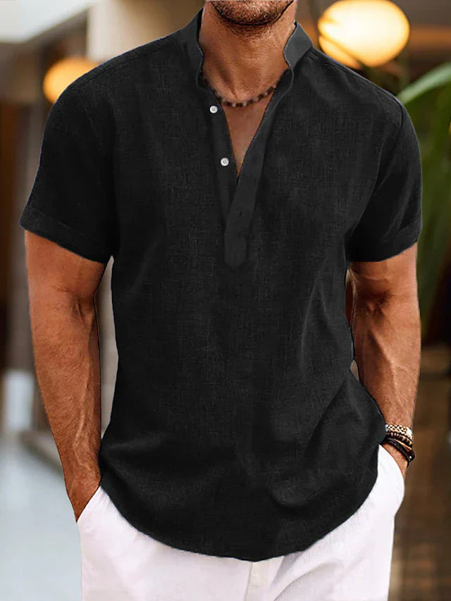Men's Linen Shirt | Short-Sleeve Mandarin Collar | Breathable Linen Fabric | Comfortable Fit