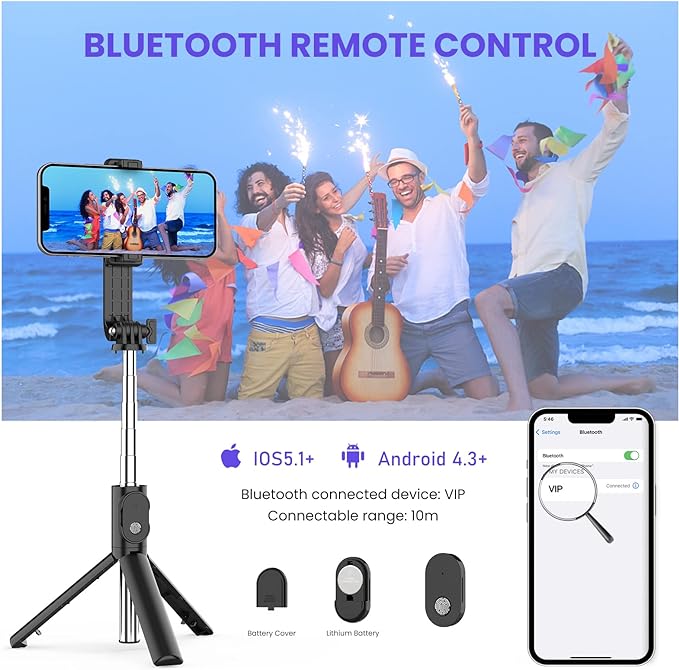 Wireless Bluetooth Selfie Stick with 6 Functions and Built-in Light