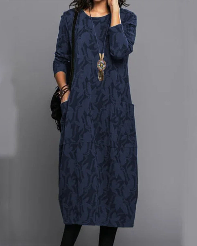 Women’s Printed Long-Sleeve Pocket Dress | Vintage-Inspired Elegance | 100% High-Quality Material | Comfortable Fit