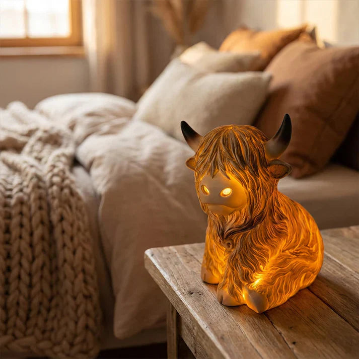 Resin Night Lamp featuring Highland Cow Design – Warm Amber Glow