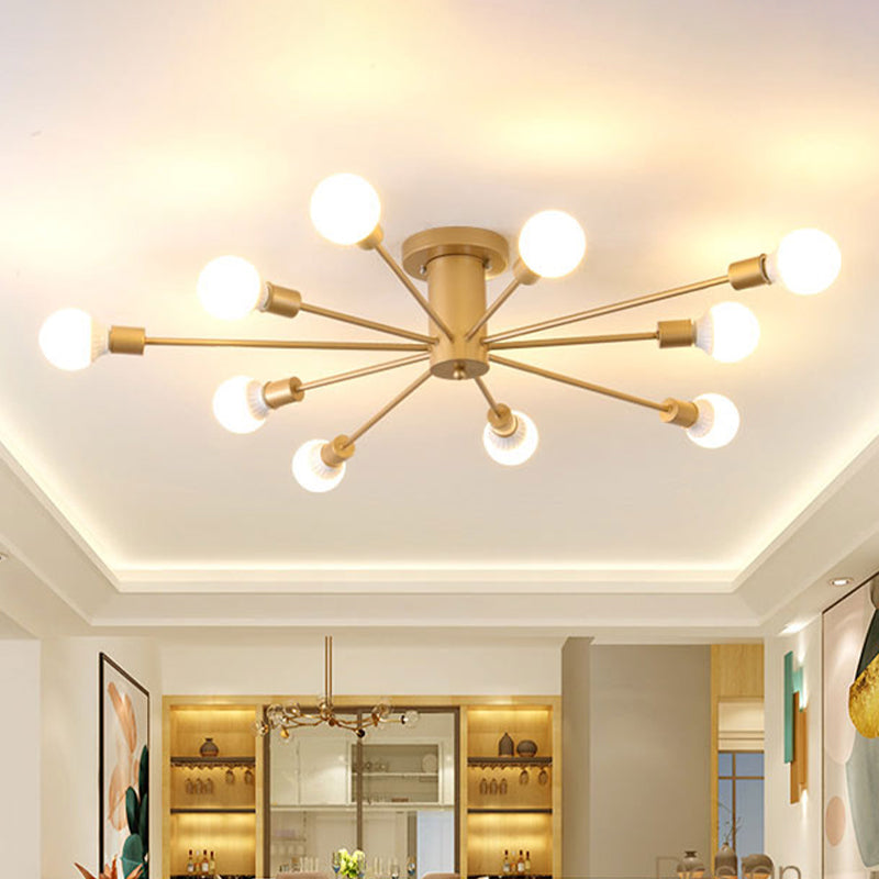 8/10 Lights Exposed Semi Flush Mount Lighting Industrial Gold Metal Ceiling Mounted Fixture for Living Room Clearhalo 'Ceiling Lights' 'Close To Ceiling Lights' 'Close to ceiling' 'Semi-flushmount' Lighting' 602619