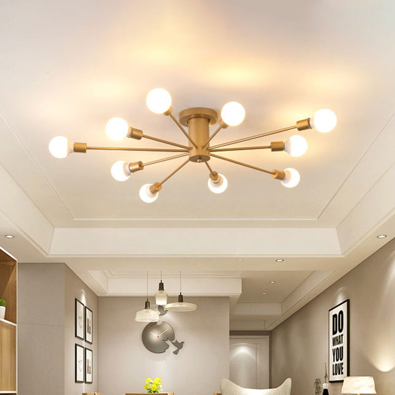 8/10 Lights Industrial Gold Metal Exposed Semi Flush Mount Ceiling Fixture for Living Room by Taavita