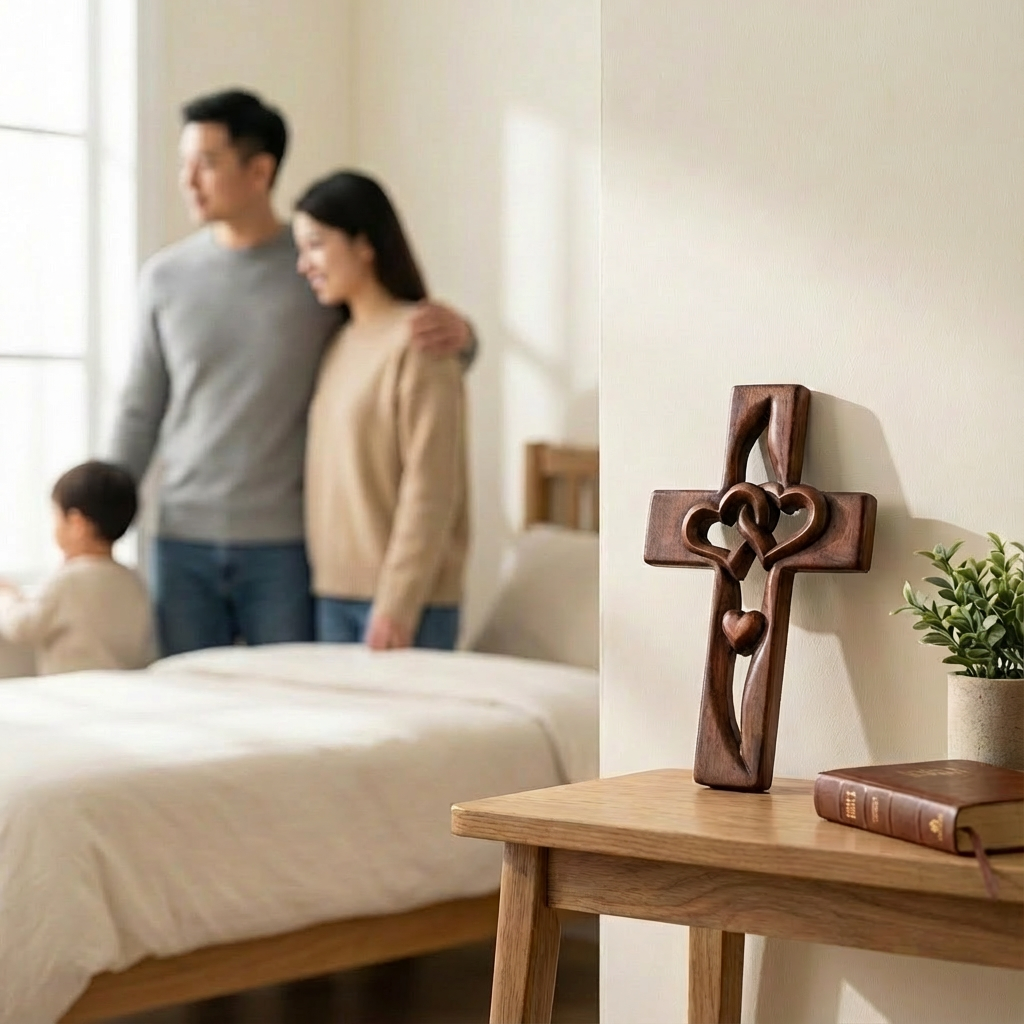 Wall Art Featuring Interwoven Hearts in Wood Cross Design