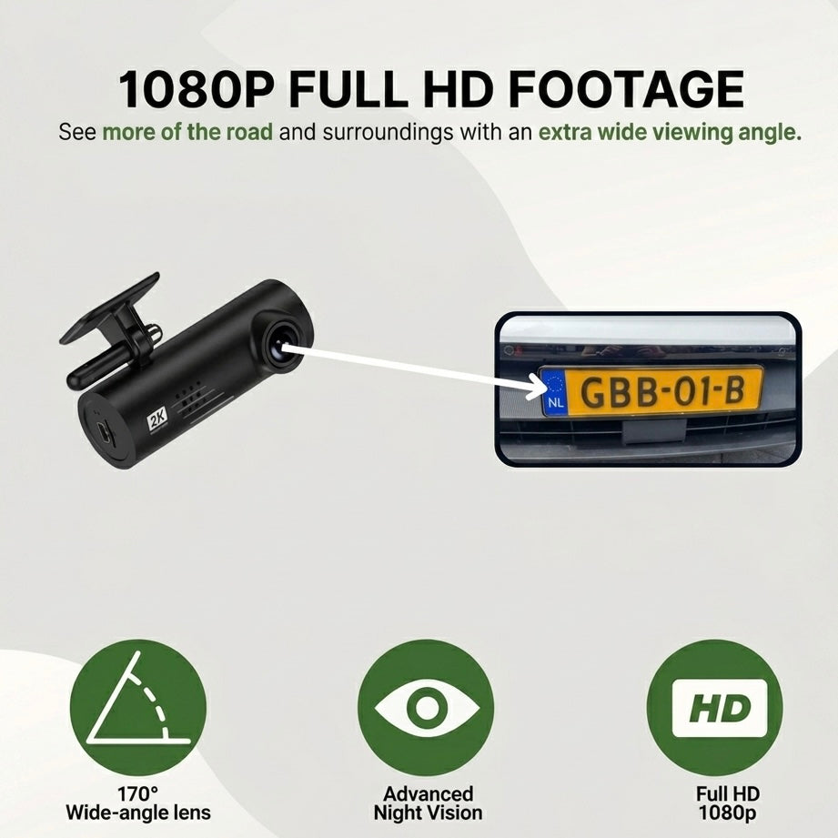 Full HD Dash Camera with 170° Wide View, Night Vision, G-Sensor, Voice Alerts, Loop Recording