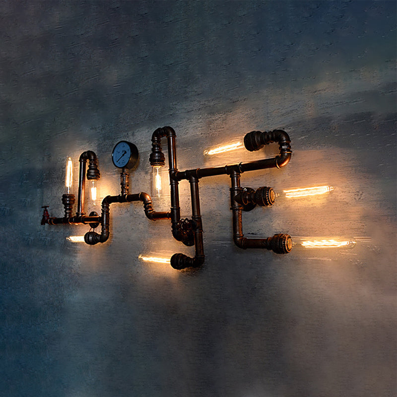 Taavita Steampunk Metal Wall Lighting with Pressure Gauge 8-Light Bathroom Wall Lamp in Bronze