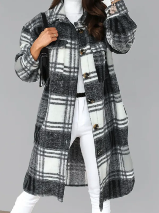 Longline Wool Coat | Front Button Closure & Oversized Fit | Cotton & Polyester | Mid-Thigh Length for Warmth