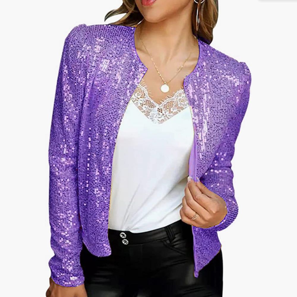 Women’s Sequined Blazer Jacket | Cropped Open-Front Design | Silk Fabric | Comfortable Elegance