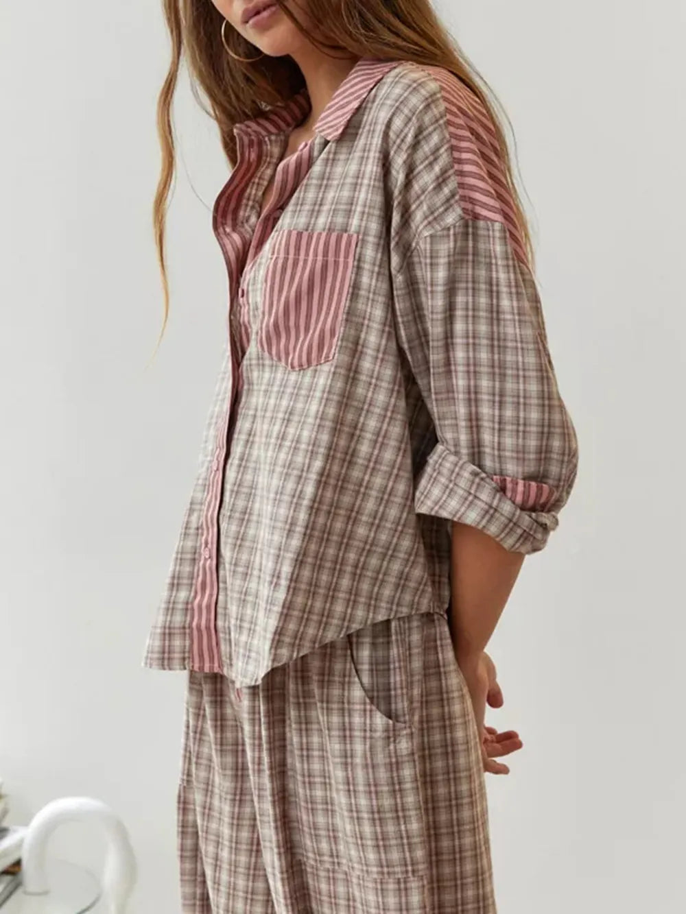 Women’s Pajama Set | Button-Down Top & Drawstring Pants | Polyester Fabric | Comfortable Fit