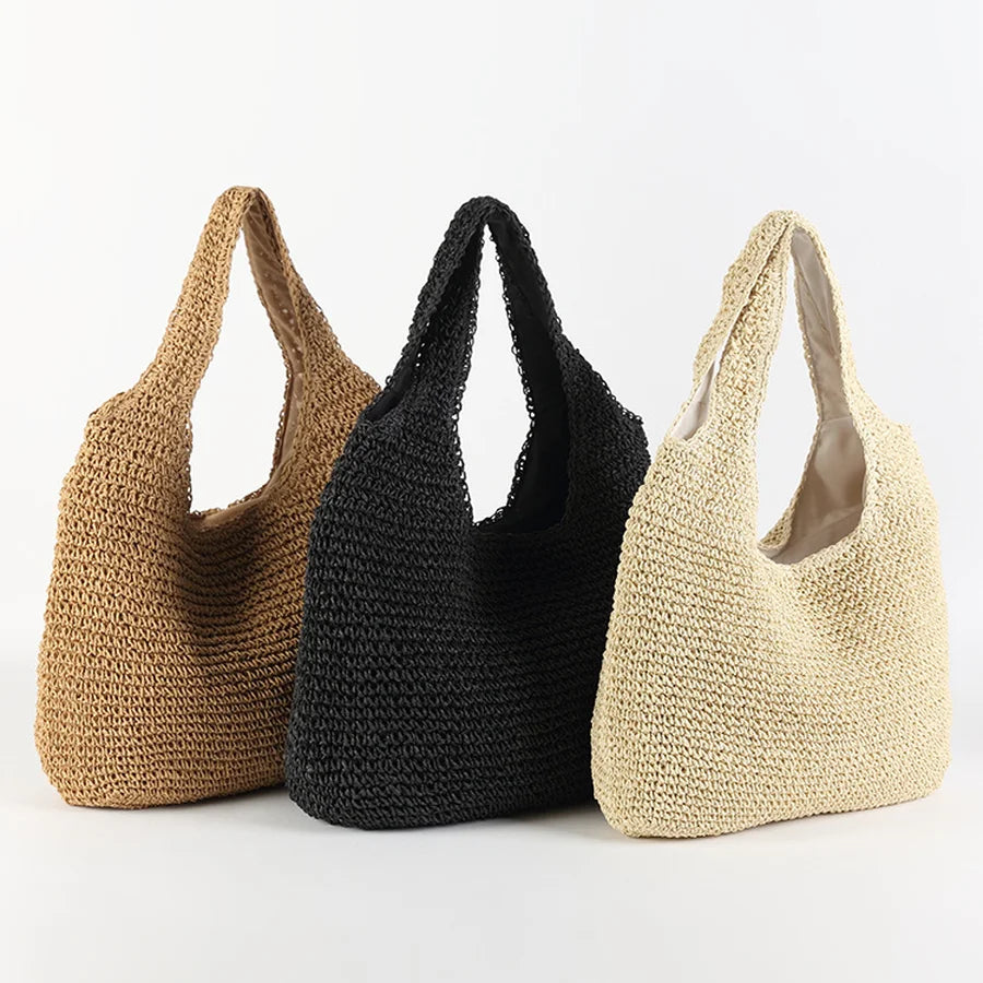 Woven Straw Shoulder Tote Bag | Premium Wicker Material | Large Capacity | Casual & Beach Use