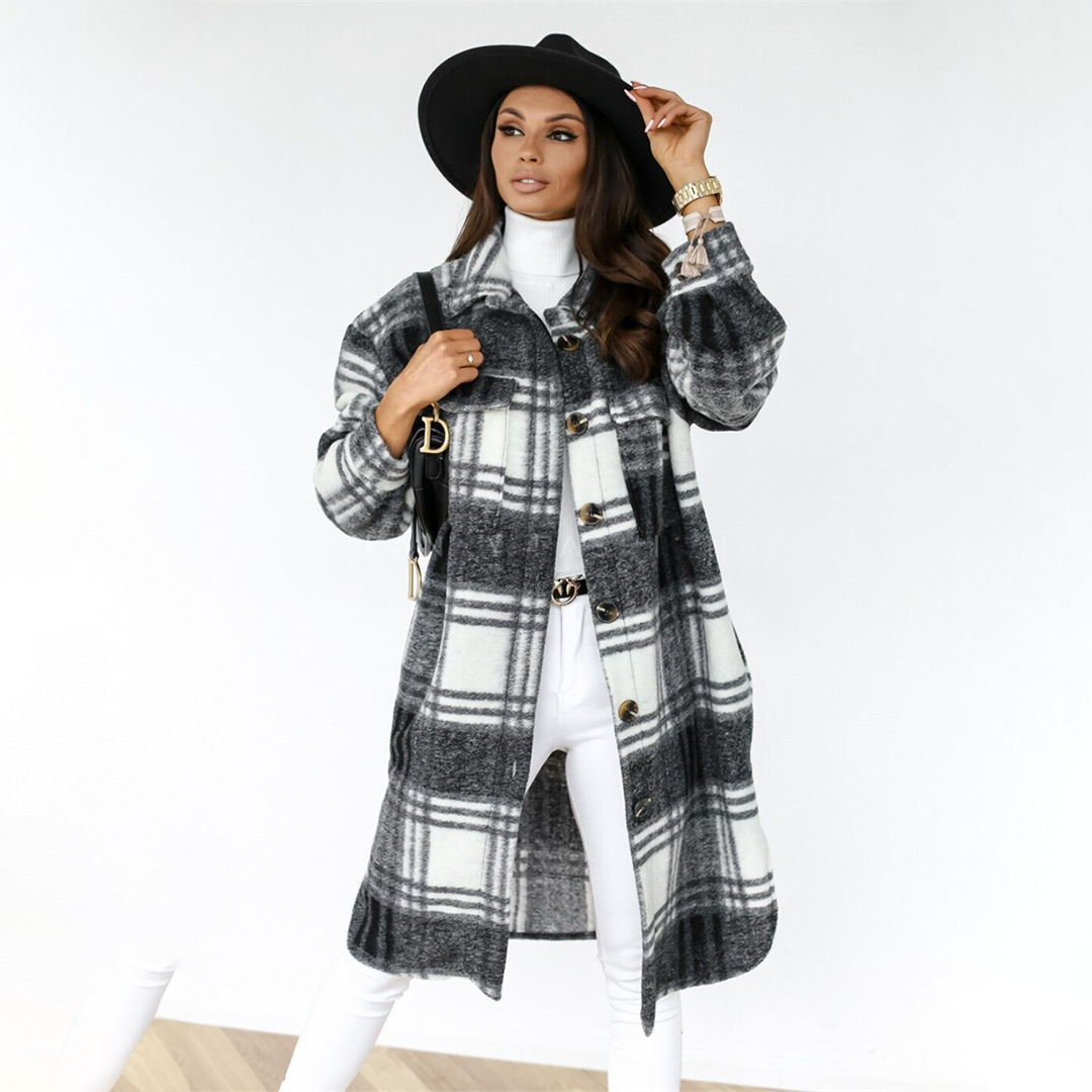Women’s Longline Coat | Plaid Pattern | Wool Blend & Front Button Closure | Versatile Fall Outerwear