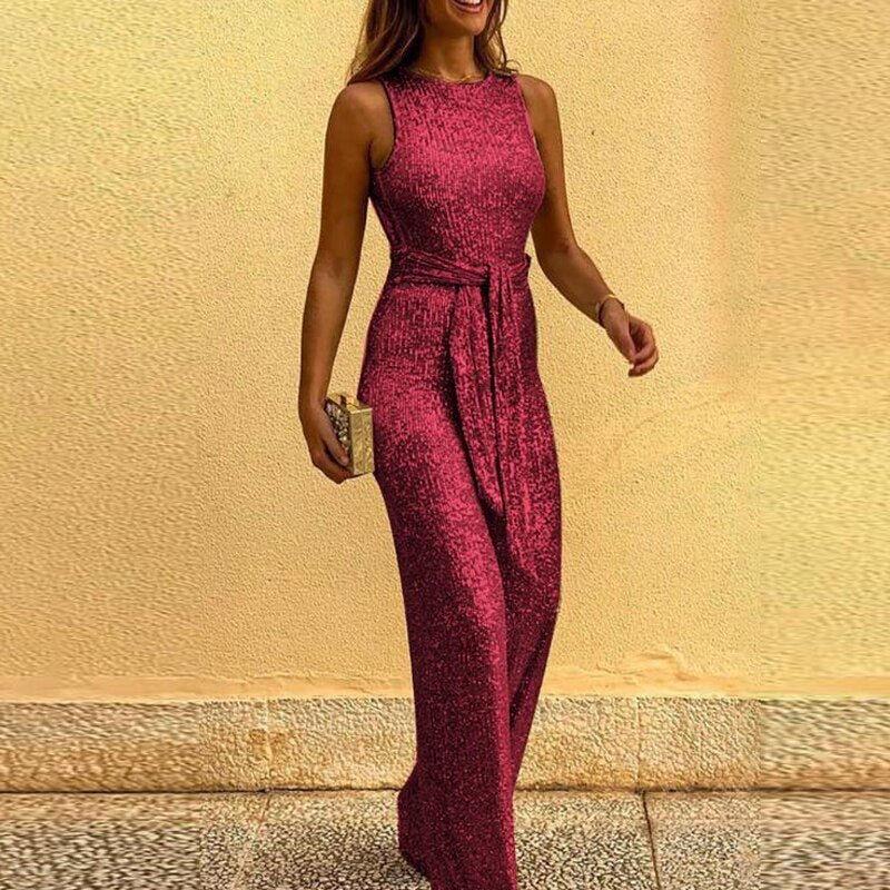 Women’s Sequin Jumpsuit | Sleeveless with Waist Belt | Nylon Fabric | Formal Eveningwear